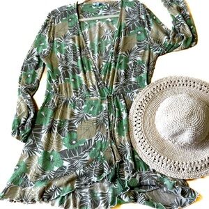 Blue Island Beach Cover Up Tropical Green and Tan Size Large